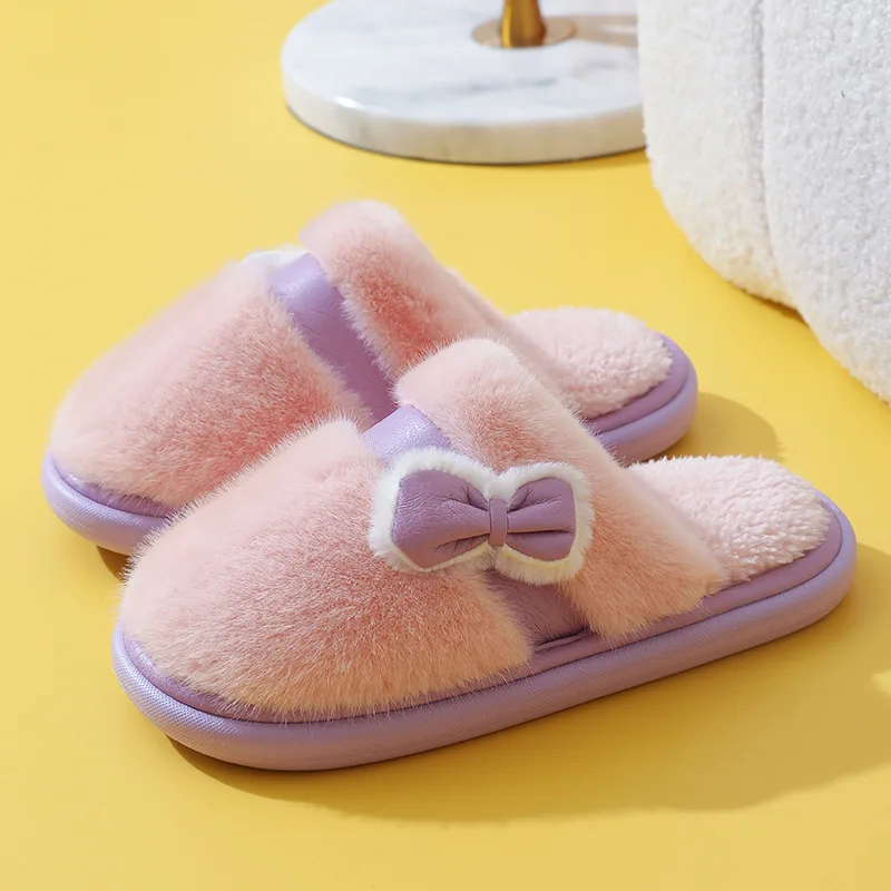 Bow Knot Beauty Comfort Fashion Closed Toe Warm Winter Sofe Fur Home Slippers