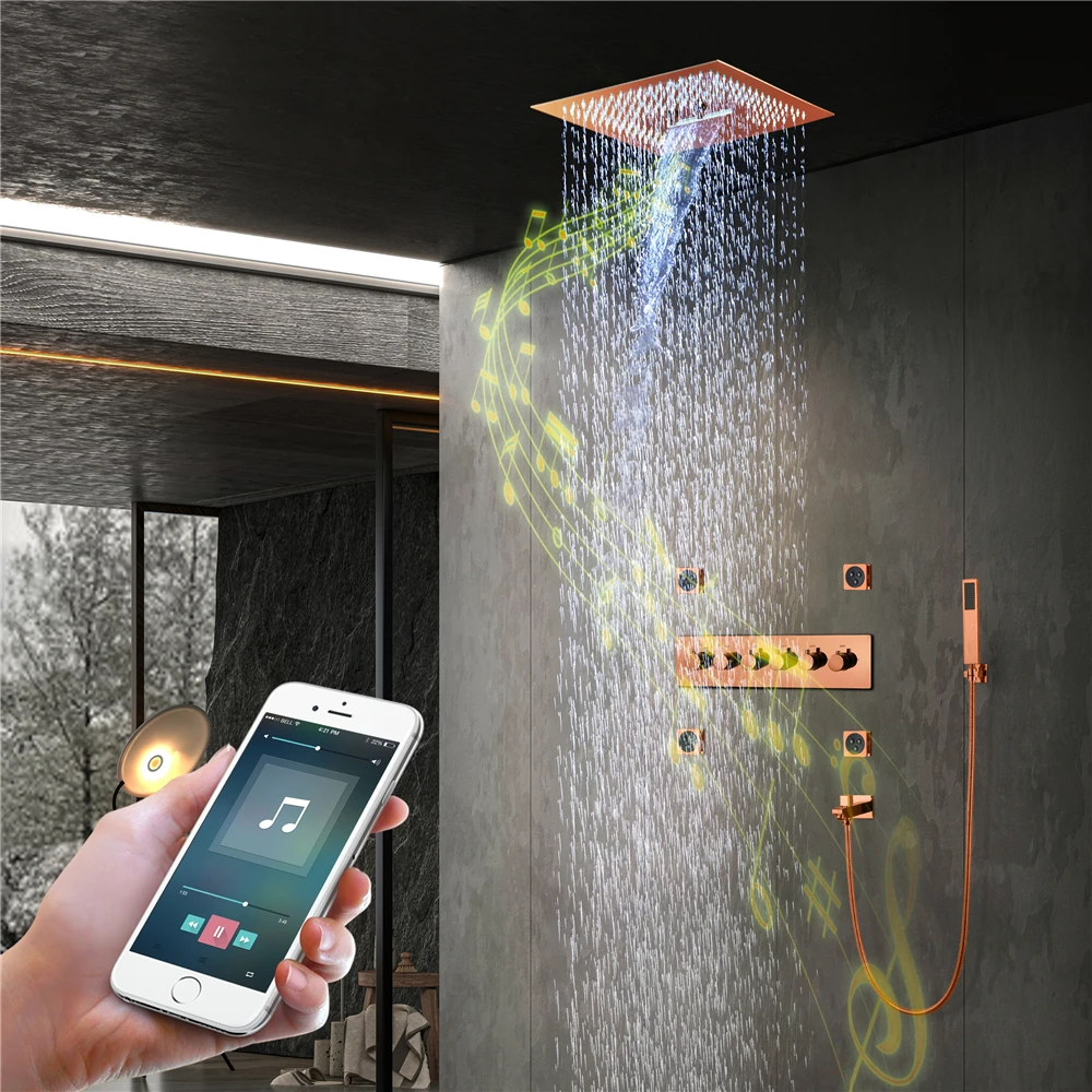 16 Inch LED Mist Rain&Waterfall Shower Head with Music Speaker Thermostatic Shower Valve Ceiling Embedded Shower Faucet Set