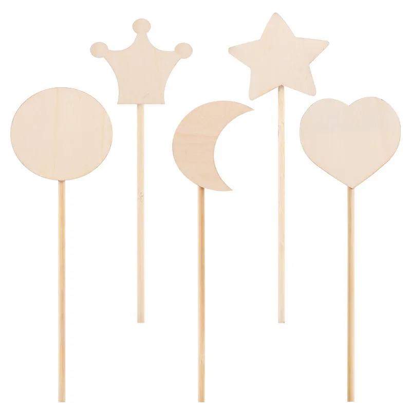 Wood Magic Wand Wooden Moon Heart Crown Five-pointed Star Children Toys DIY Baby Rod Rodent Toy For Girl Boys play