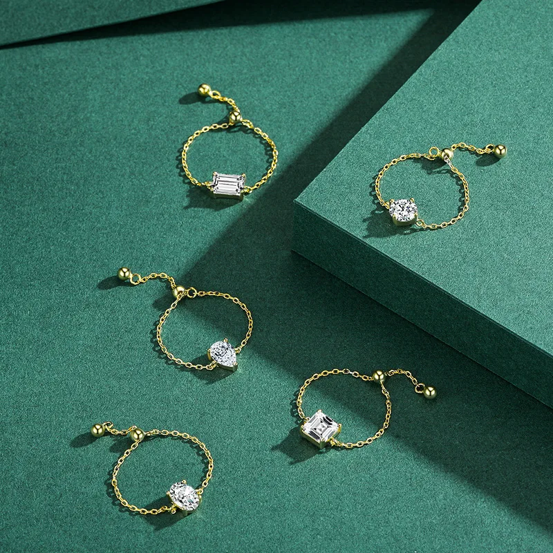 Hot Selling Fashion 925 Sterling Silver Slider Link Ring Dainty Birthstone Zircon Charm Adjustable Chain Ring