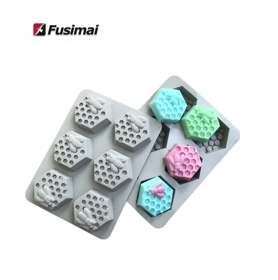 Fusimai 6 Cavities Honeycomb Silastic 3D Bee Lotion Bars Molding Silicone hexagon Beehive Soap Mold