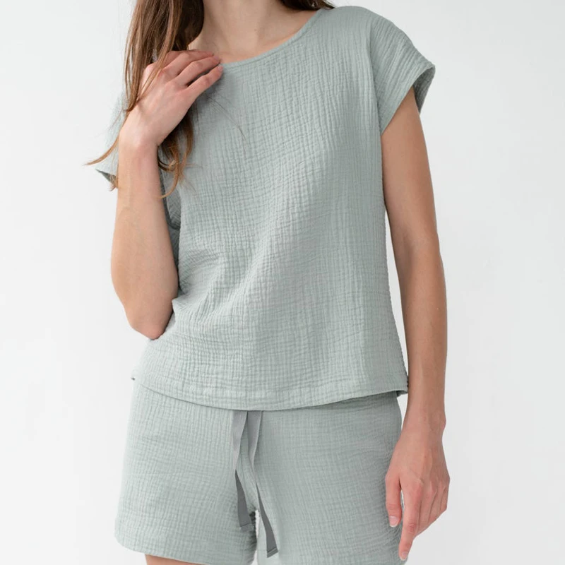 Short Sleeve Summer Mint Muslin Pajamas, Cotton Pajama Set Women