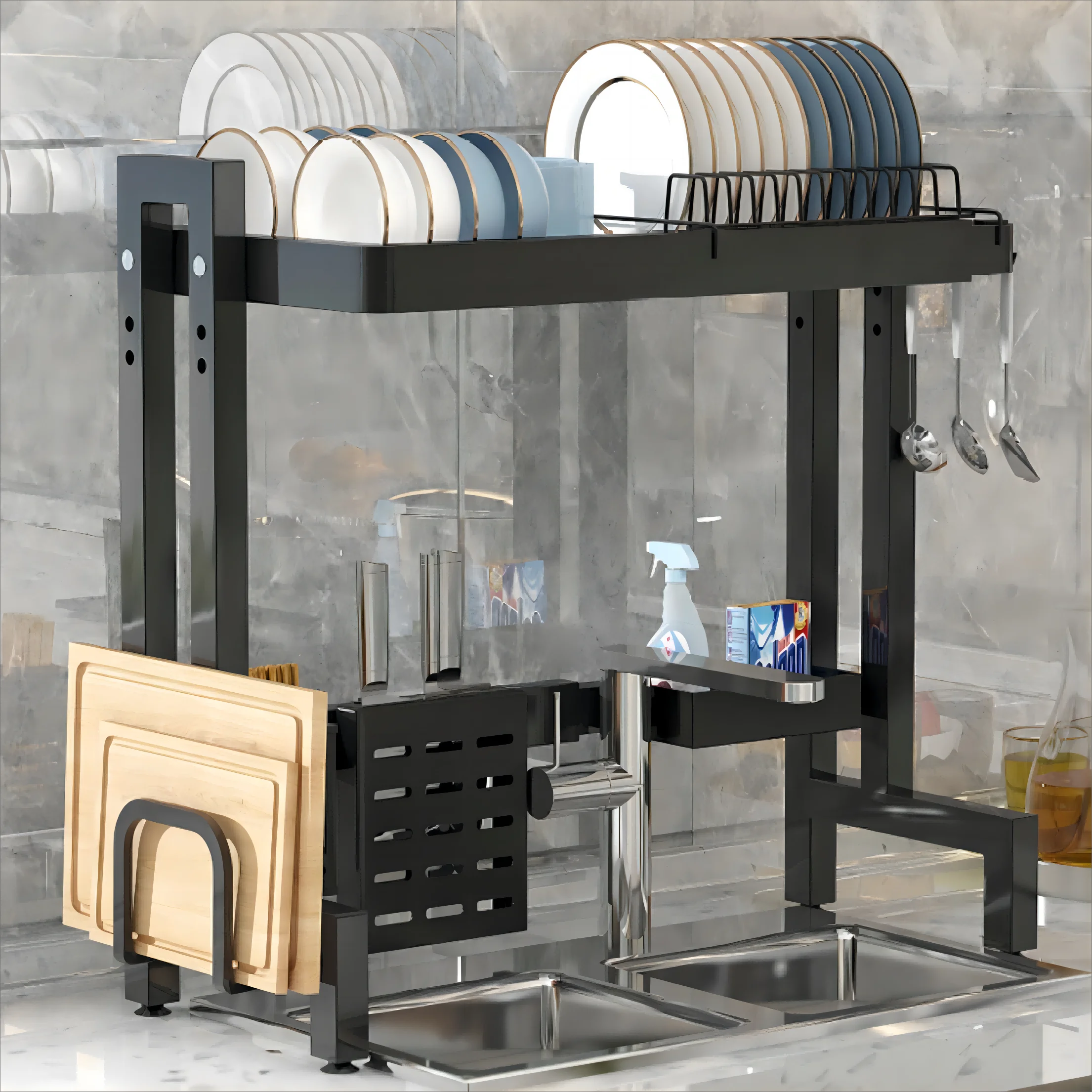 Over The Sink Dish Drainer Rack Storage Holders 2 Tier Adjustable Metal Dish Drying Rack Organizer Shelf