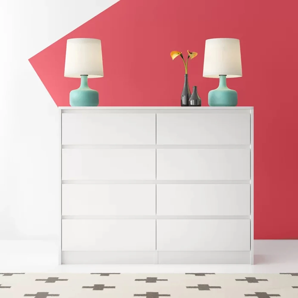Chest of Drawers Factory New China Design Gloss Finish White 8 Drawer Storage Stainless Steel Laminated Board Metal Slide 32.6kg