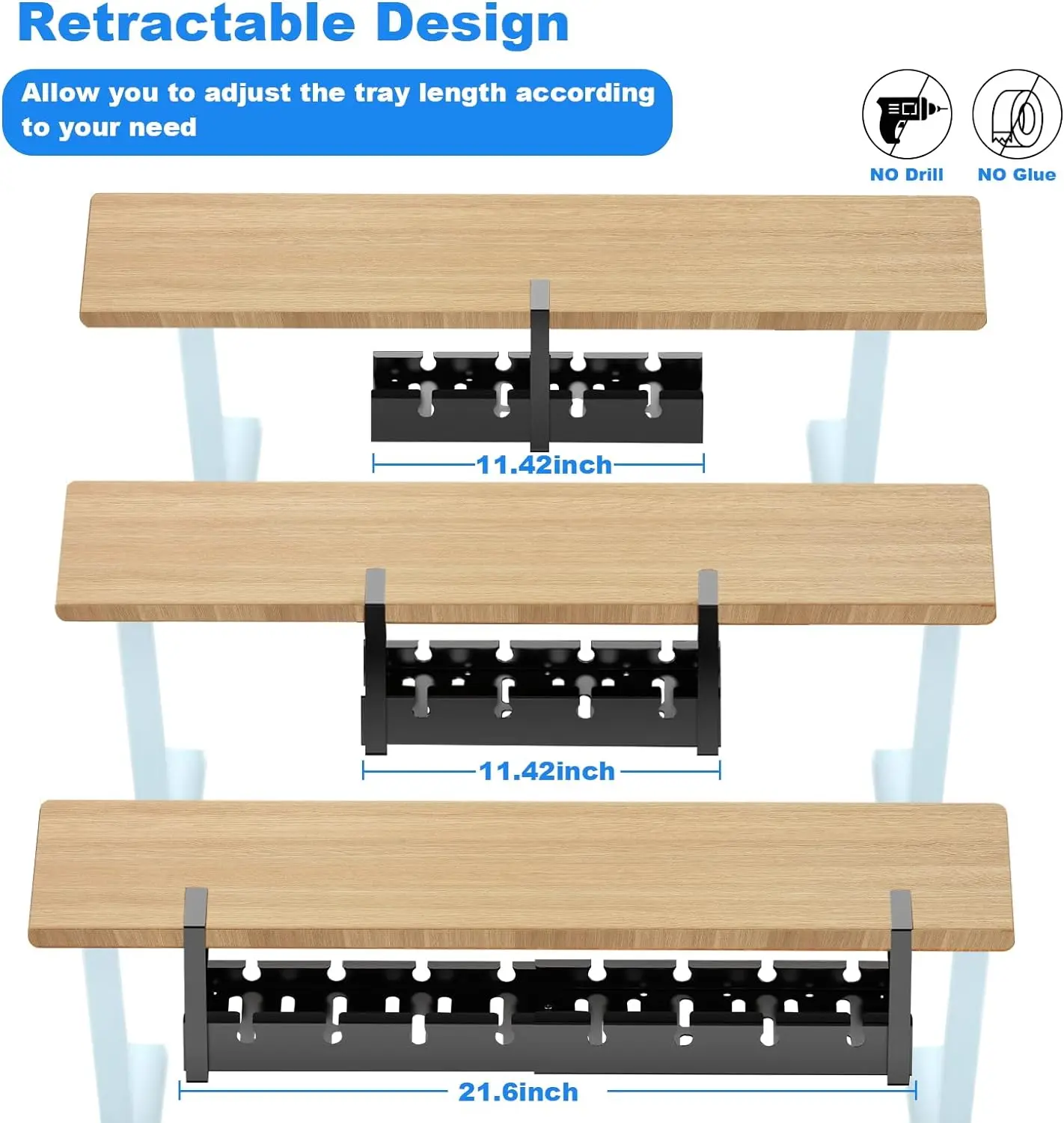 No Drilling Extendable Cord Organizer Desk Storage with Clamp Under Desk Cable Management Metal Tray