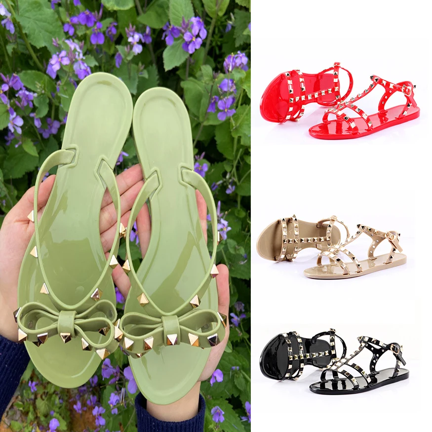 New arrivals summer Shining pearl rivet  flat slippers rhinestone shoes ladies  jelly slides slipper