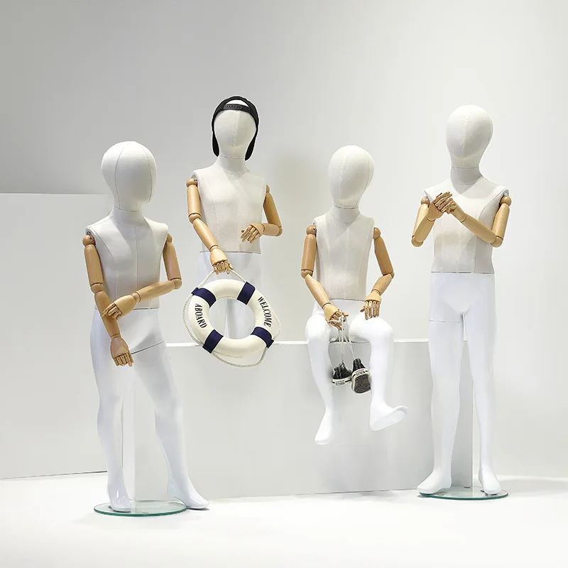 White fabric covered Sitting/Stand full body Mannequin with wooden arms Children dress form manikin Child Clothing Store Display