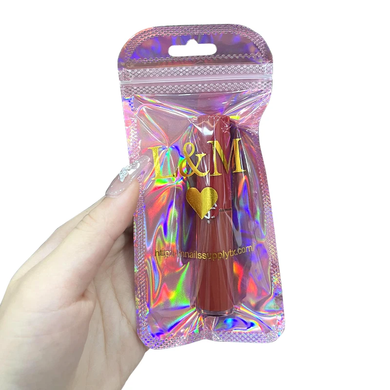 Custom Resealable  Aluminum Foil Clear Pink Plastic Pouch Zip Lock Zipper Mylar Holographic Jewelry Cosmetic Packaging Bag
