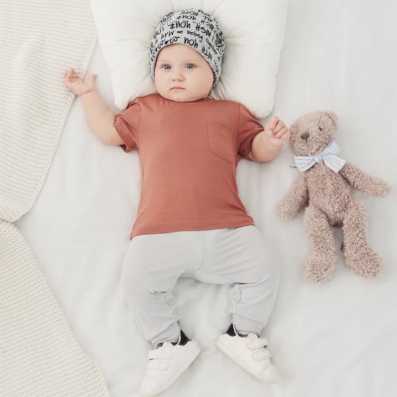 High Quality Summer Solid Color Baby Pants Knitted Bamboo Fabric Long Pants For Baby Elastic Waistline Infants Trousers