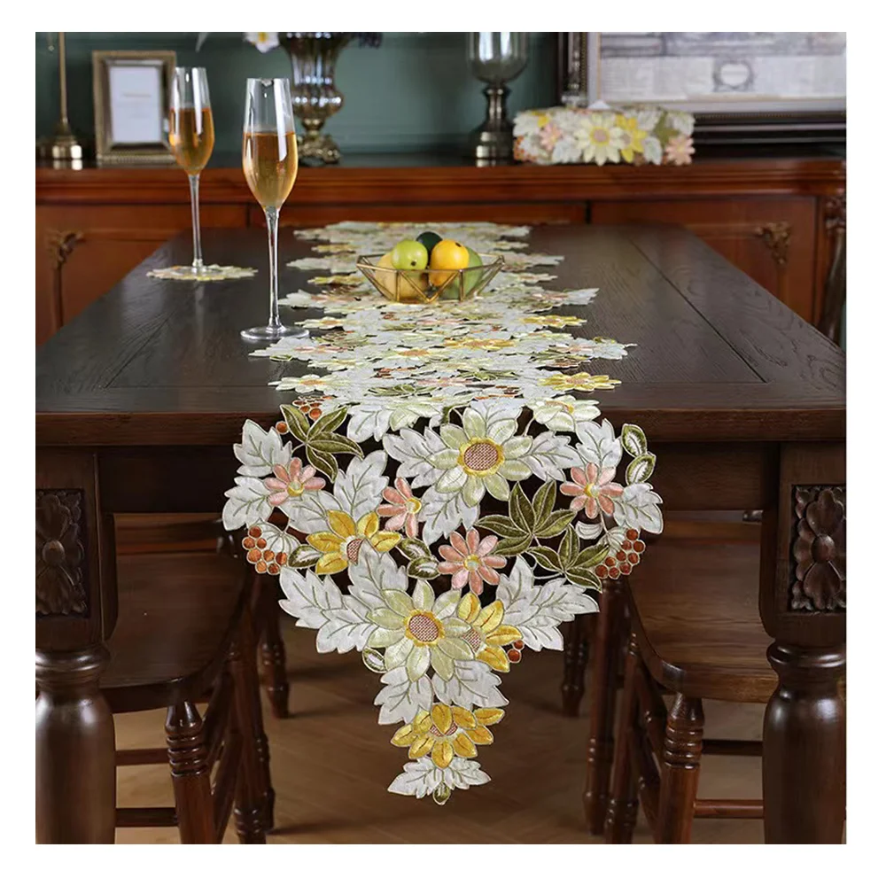Lufu  embroidered yellow sunflower petal rectangular table runner ready made high quality luxury table runners for home party