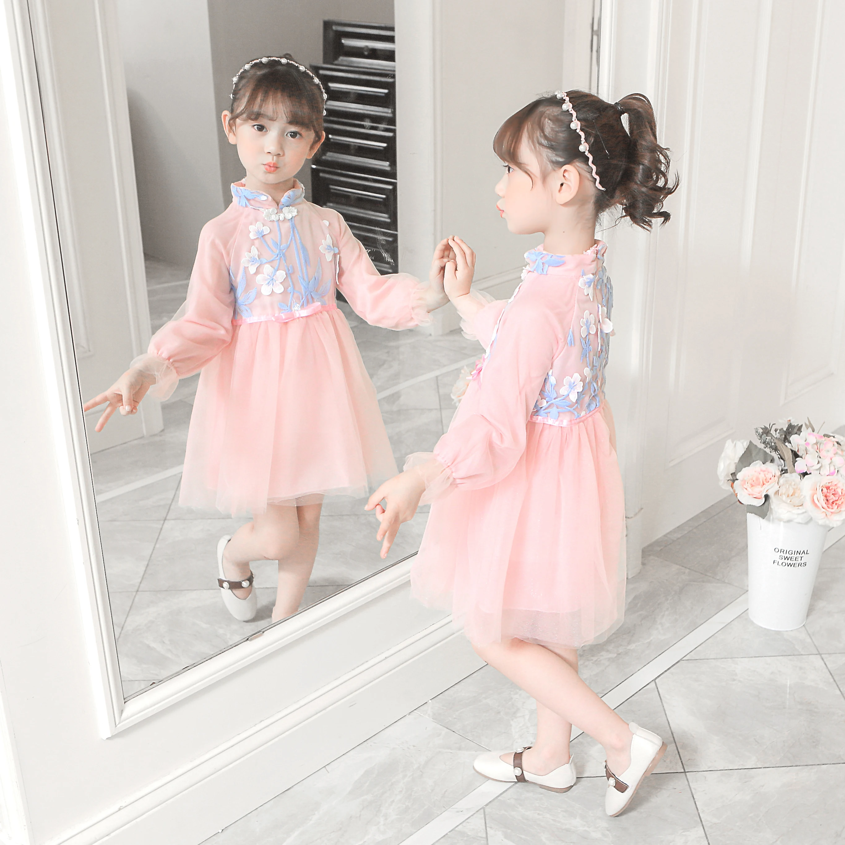 wholesale price Chinese style long sleeve pink flower girl vintage dresses