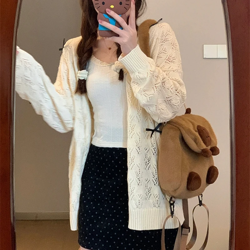 Sweet Tender Casual Elegant Solid Cardigans Loose All Match Women Grunge Sweater Japanese Fashion Hollow Out Coats Y2k