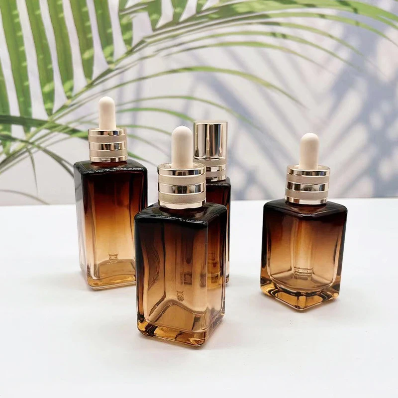 Wholesale brown clear luxury refillable 30ml 50ml 75ml 100ml square glass dropper pipette cosmetic square glass serum bottle