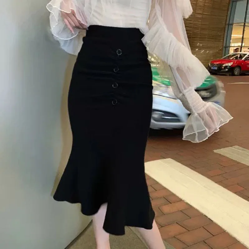 2024 Single Breasted Long Maxi Skirt For Women Plus Size XS 3XL Mermaid Style Stretch Ladies Black And Blue Skirts