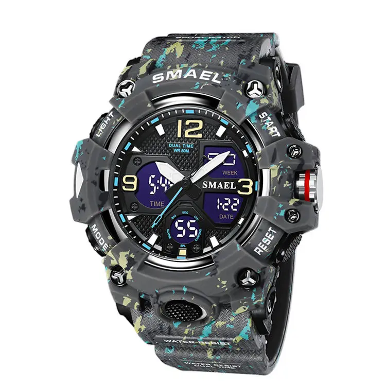 SMAEL Camouflage 8008 NEW Men Watches Sport Dual Time Style 50M Waterproof Clock Alarm Stopwatch Quartz Wristwatches For Men