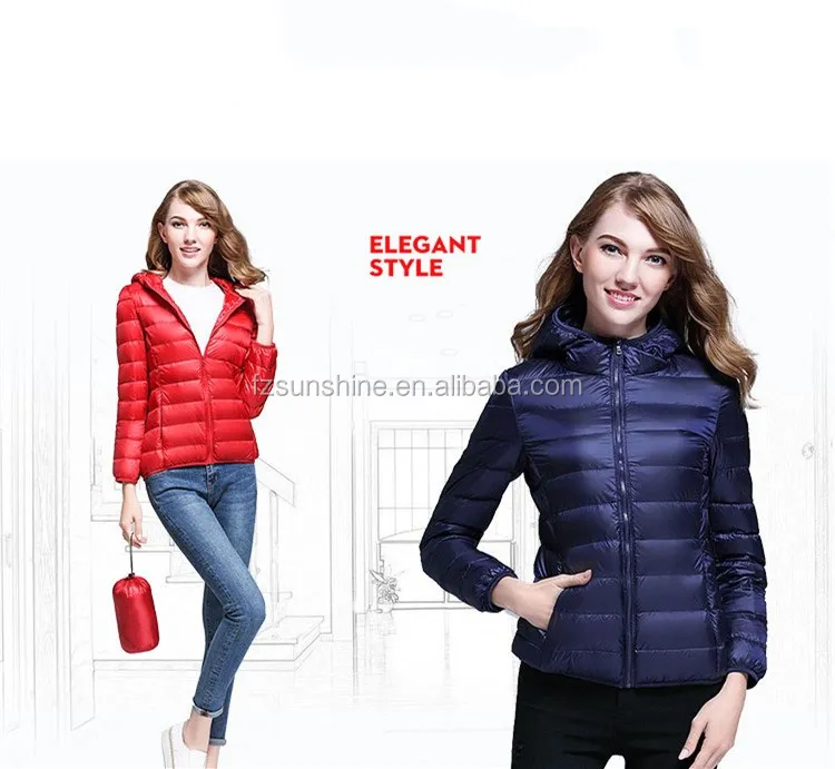 Women White Duck Down Jacket Hooded Ultra Lightweight Foldable Jacket with portable bag