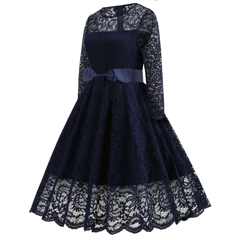 New Women Vintage Elegant Casual Dress Floral Plain Pullover Lace Dresses Bow