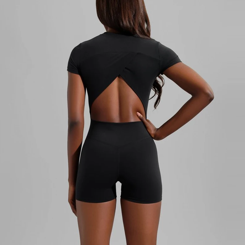 2022 New Arrivals Hip Hollow-out Beauty Back Women Rompers Short Solid Zipper Jumpsuit Short Sleeve Bodysuit