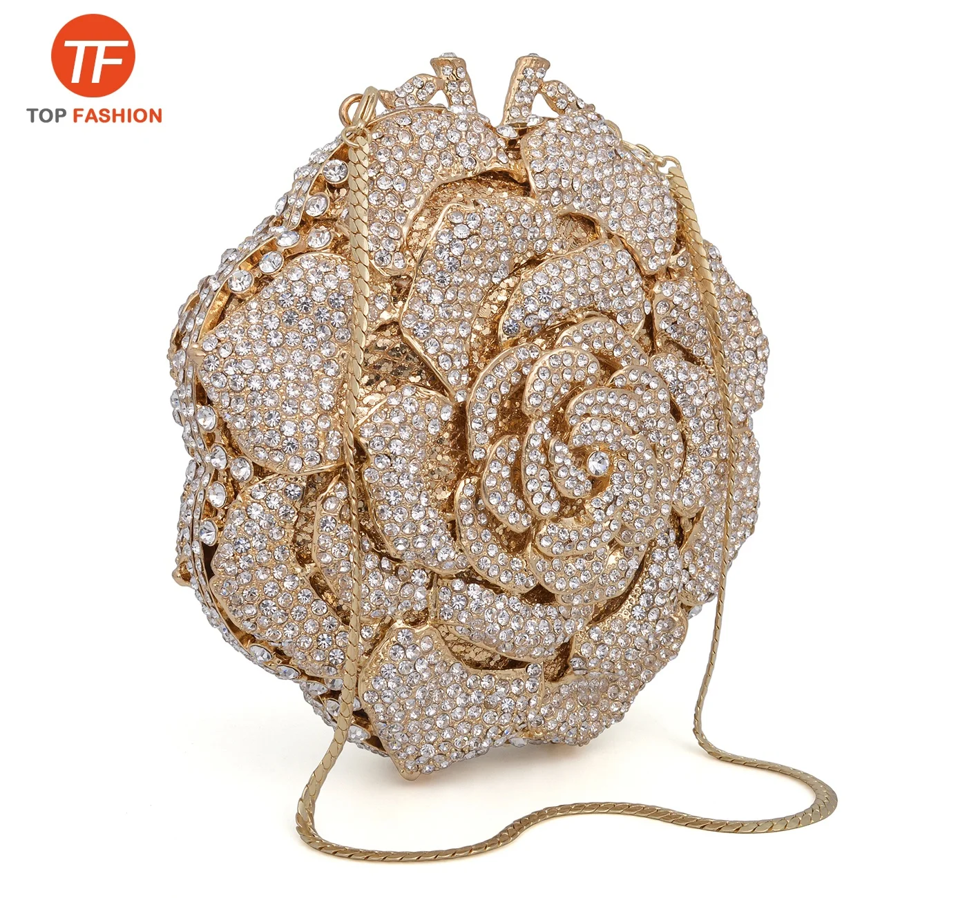 Factory Wholesales New Designer Rose Crystal Rhinestone Party Clutch Evening Bag 3D Shaped Bridal Purse