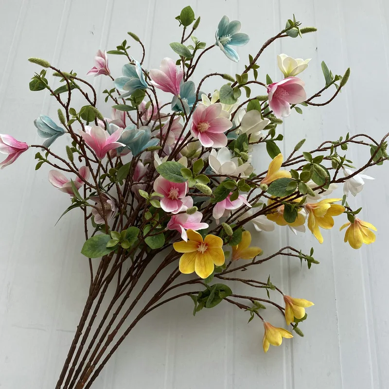 E-L004 Magnolia Flowers Wedding Home Decoration 3D 9 Heads Single Branch Magnolia Artificial Flower
