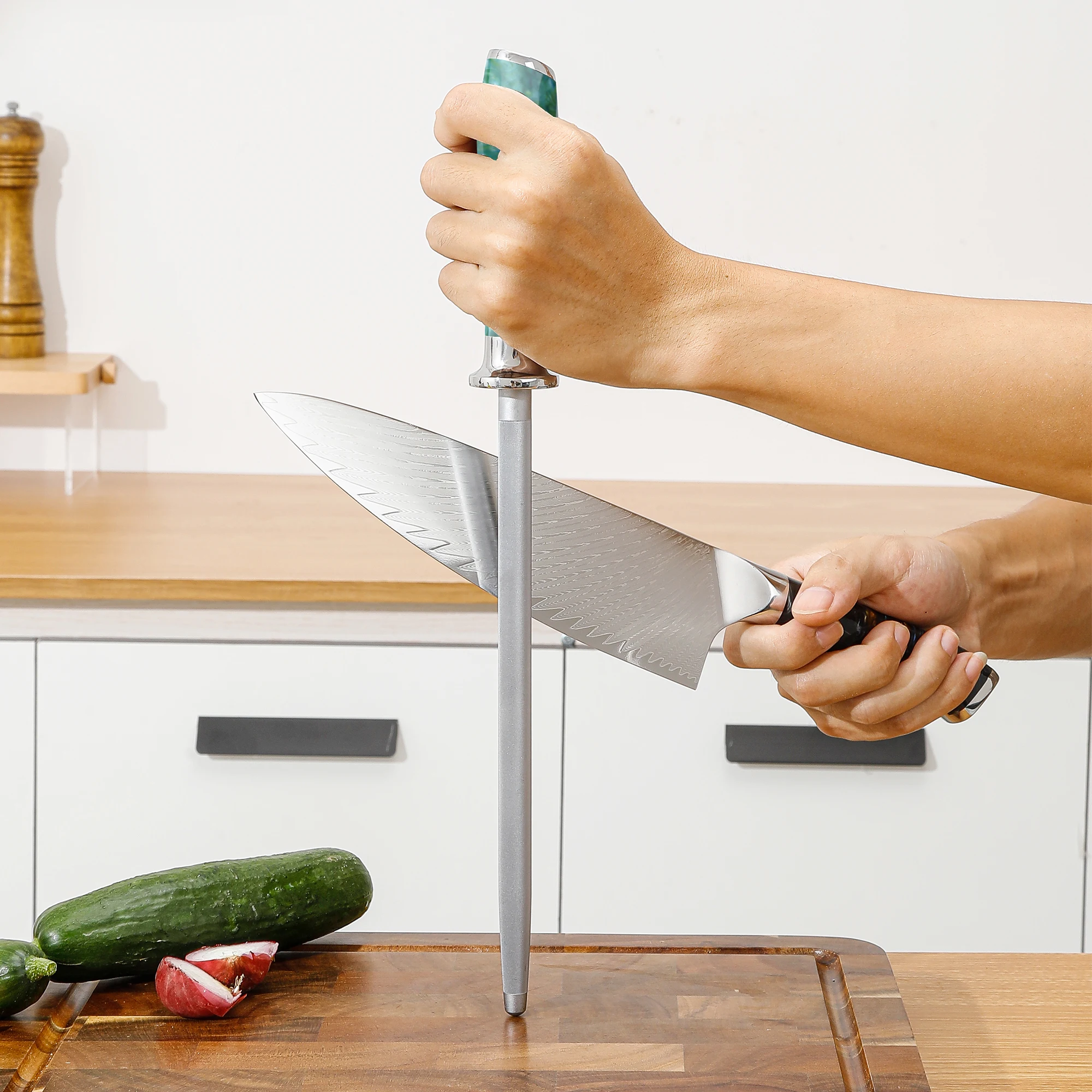 Professional 9 Inch High Carbon  Green Resin Handle  Steel Knife Sharpening Bar