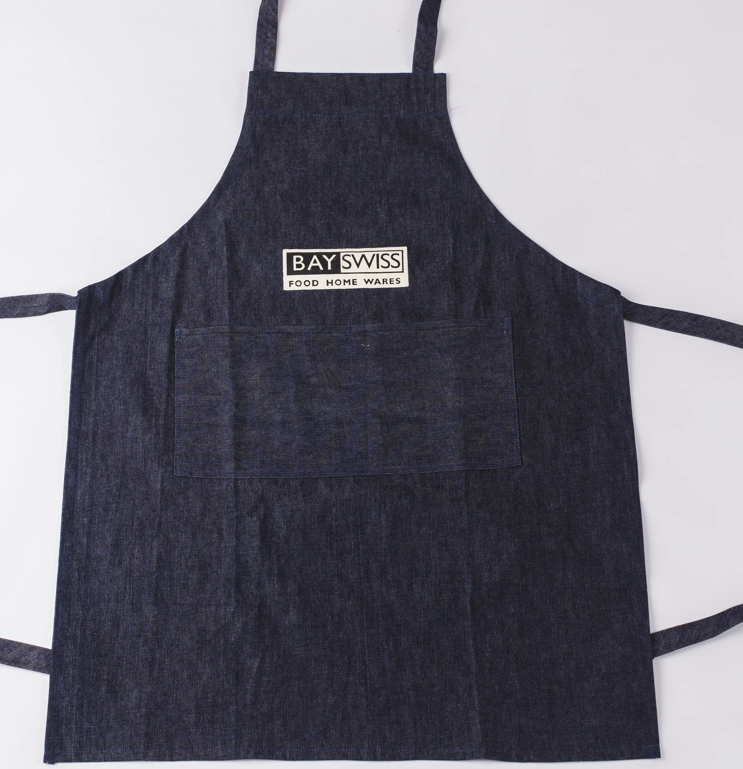100% cotton black denim apron with printed white Logo and pockets