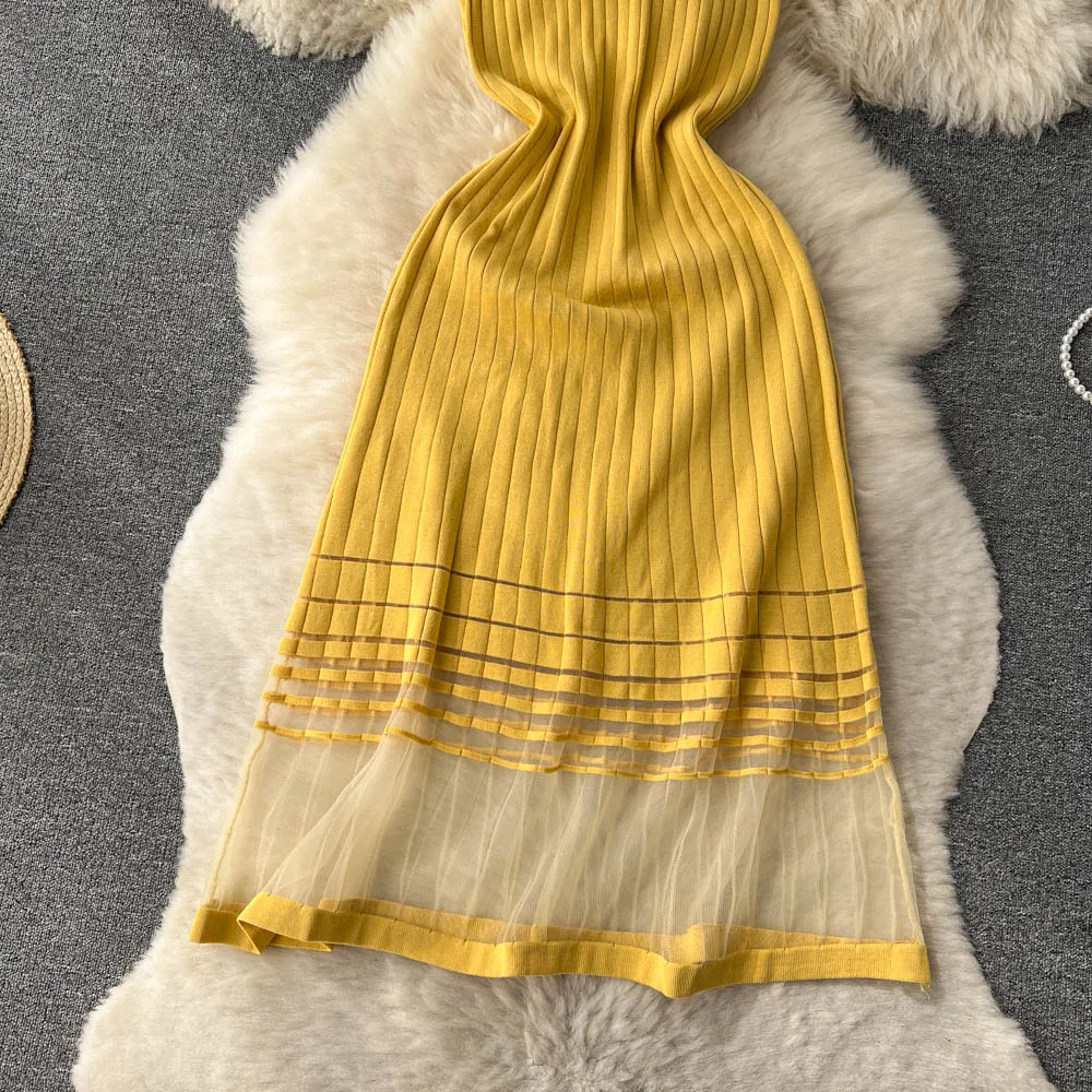 2023 Summer Sling Sexy Ins Dress Female Ice Silk A Word With Ice Silk Sleeveless Base Knitted Long Dress