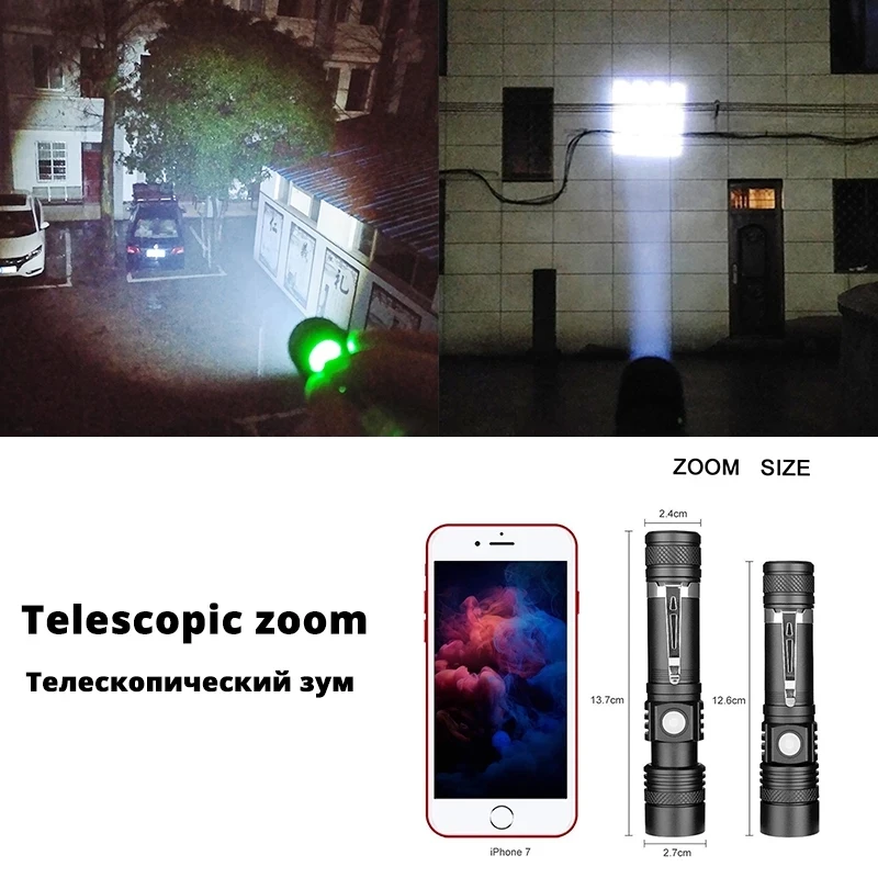 Zoomable 4 Lighting Modes Multi-function USB Charging Waterproof Torch Ultra Bright LED Flashlight with XP-L V6 LED Lamp Beads