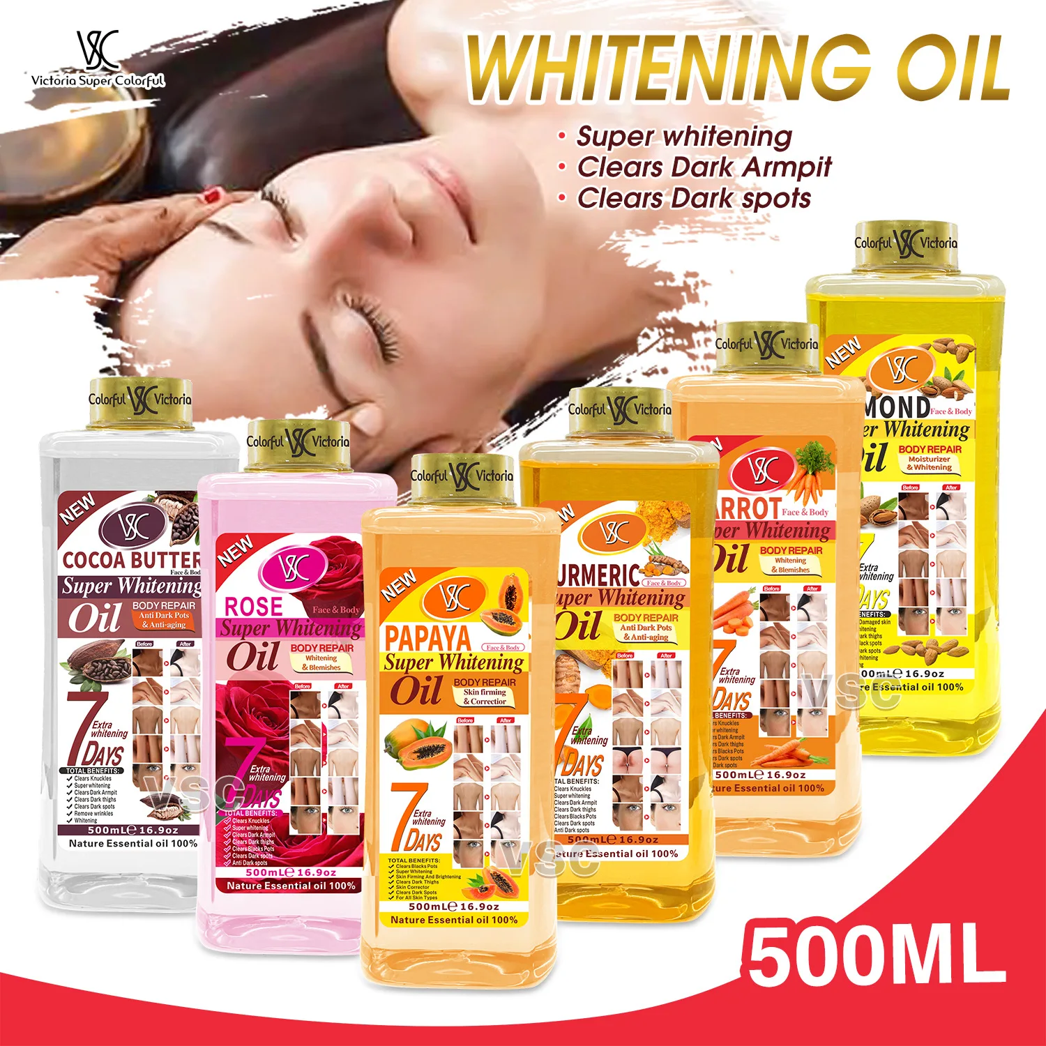 VSC Turmeric almond Massage Oil 7 days Moisturizing Brightening Facial Skin Removing Blackness rose body massage oil 500ml