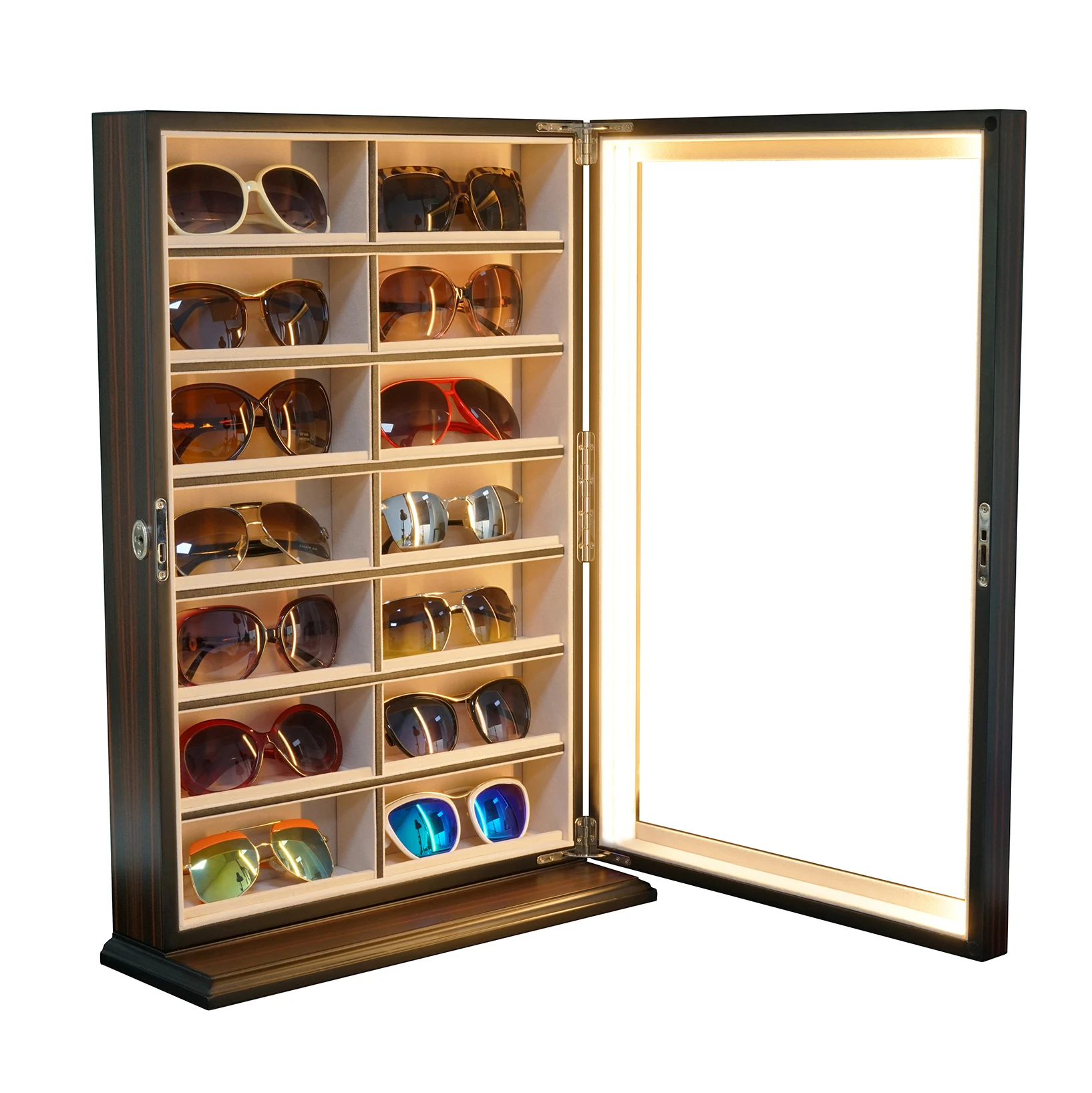 Sonny Custom Luxury LED 14 Slots Wooden Eyeglasses Display Eyewear Organizer Spectacles Collection Sunglasses Storage Box