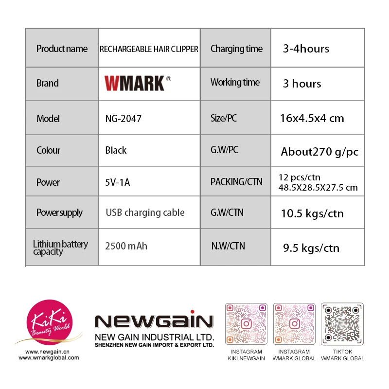 WMARK NG-2047 Wholesale Electric Super Speed Brushless Motor DLC Blade Rechargeable Barber Hair Clippers Trimmer For Salon