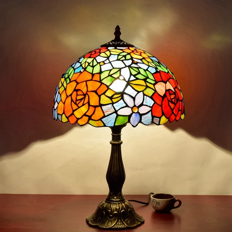 12 inch Vintage creative Classic Rose art decorative Tiffany tinted glass mood lighting Hotel bar dining room table lamp