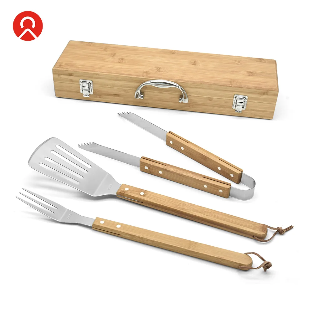 Hot selling Bamboo Handle Stainless Steel Outdoor Camping BBQ Grilling Tool Set 3pcs TOOL