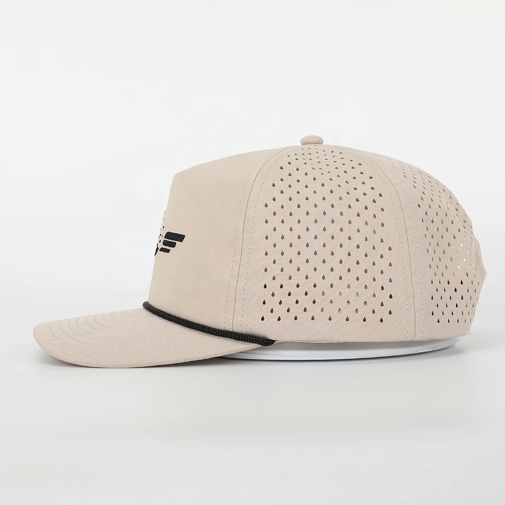 Wholesale Custom Embroidery Logo 5 Panel Dad Hat High Quality Polyester Golf Gorras,Laser Cut Hole Sport Rope Black Baseball Cap