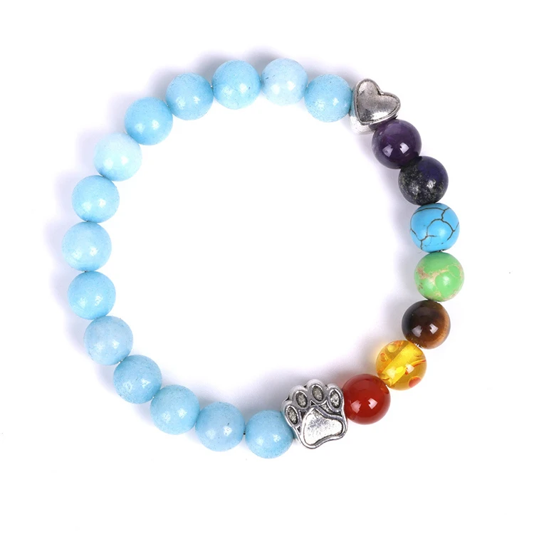 G1437 Natural Stone Bracelet Heart Dog Cat Paw Print Bead Pet Memorial For Women Men 7 Chakra Bracelet
