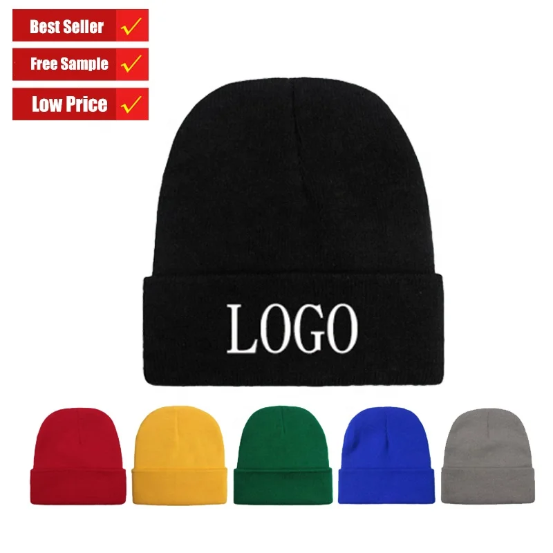 Wholesale Promotion Custom Embroidery  Logo Solid Warm Tuque Winter Designer Acrylic Jacquard Neon Knitted Beanie Winter Hat