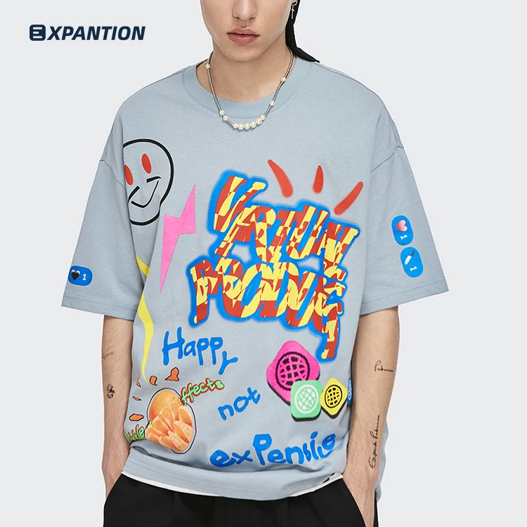 EXP high quality wholesale luxury loose summer streetwear OEM custom graffiti character printing unisex men t shirts 2021
