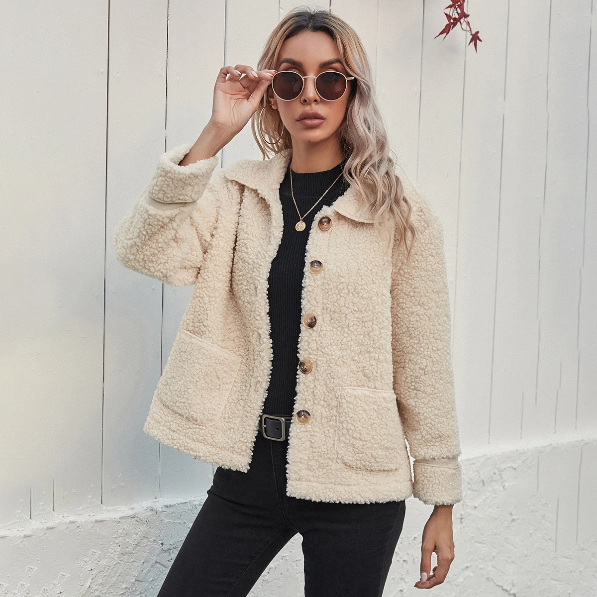
Shein Factory cheap Price High Quality Faux Double Breasted Teddy Casual Elegant Women Jacket Teddy Coat 