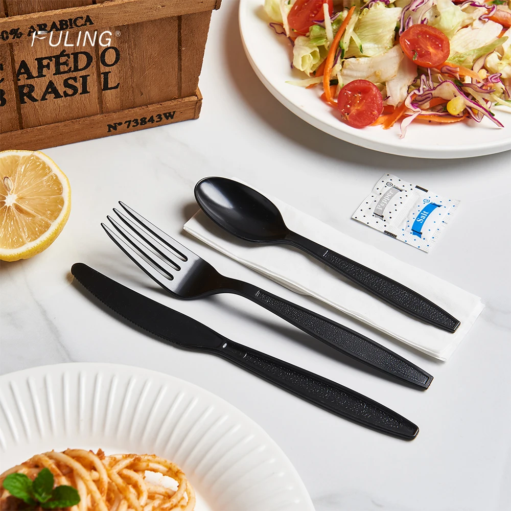 Fuling 6 In1 Heavy Weight PS Disposable dinnerware sets custom black fork and spoon knife plastic cutlery kit with napkin
