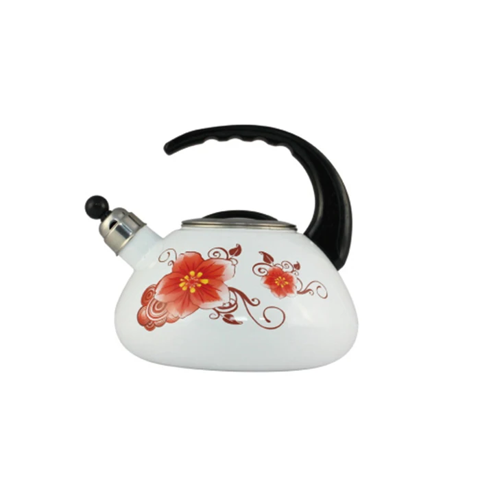 Traditional vintage 2L white cream ivory custom flower pattern whistle enamel metal kitchen coffee water coffee kettle teapot