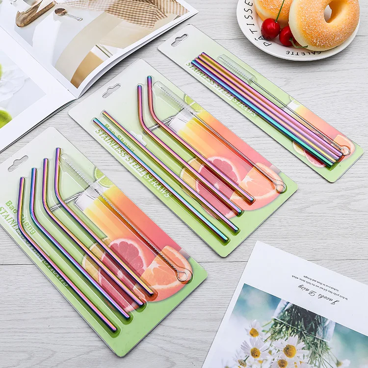 Wholesale Blister Card Packaging reusable metal straw 304 stainless steel drinking straw with brush