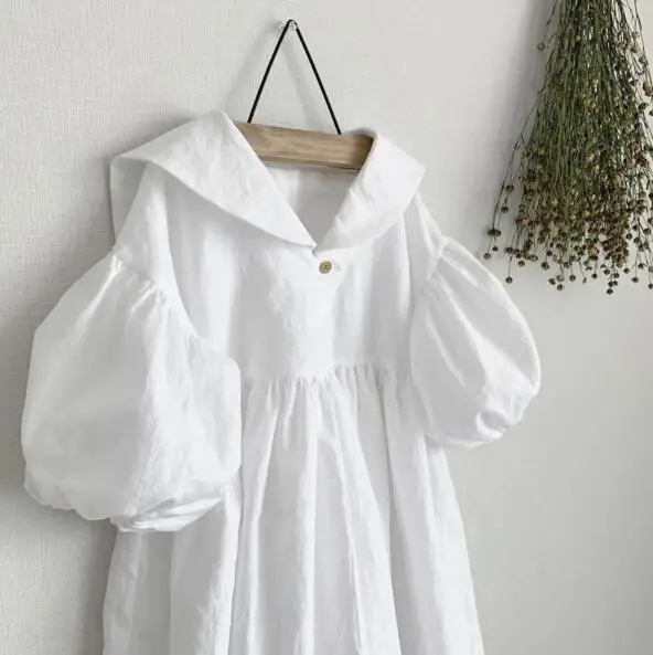 2023 new arrivals cotton hemp bubble 7/4 sleeve Sen casual out navy collar dress