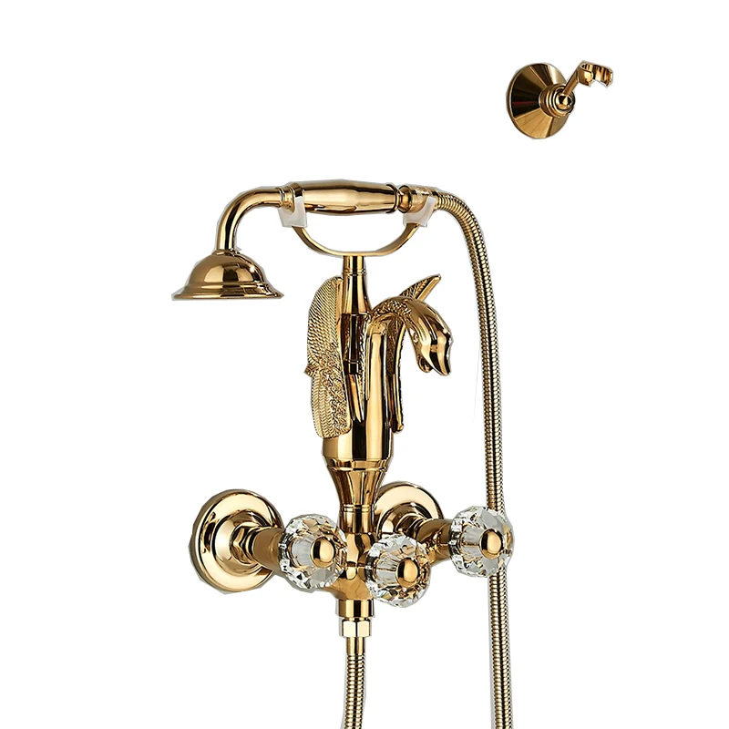Luxury Golden Bathroom Swan Bathtub Faucet Wall Mounted Cold Hot Water Bath Shower Mixer Tap Brass Handshower Crystal handwheel