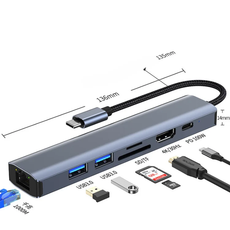 Aluminium 1000M Universal Laptop Docking Station PD 100W C To Ethernet Sd Tf Usb C type c  Hub 3.0 Splitter 7 Port Usb Data Hub