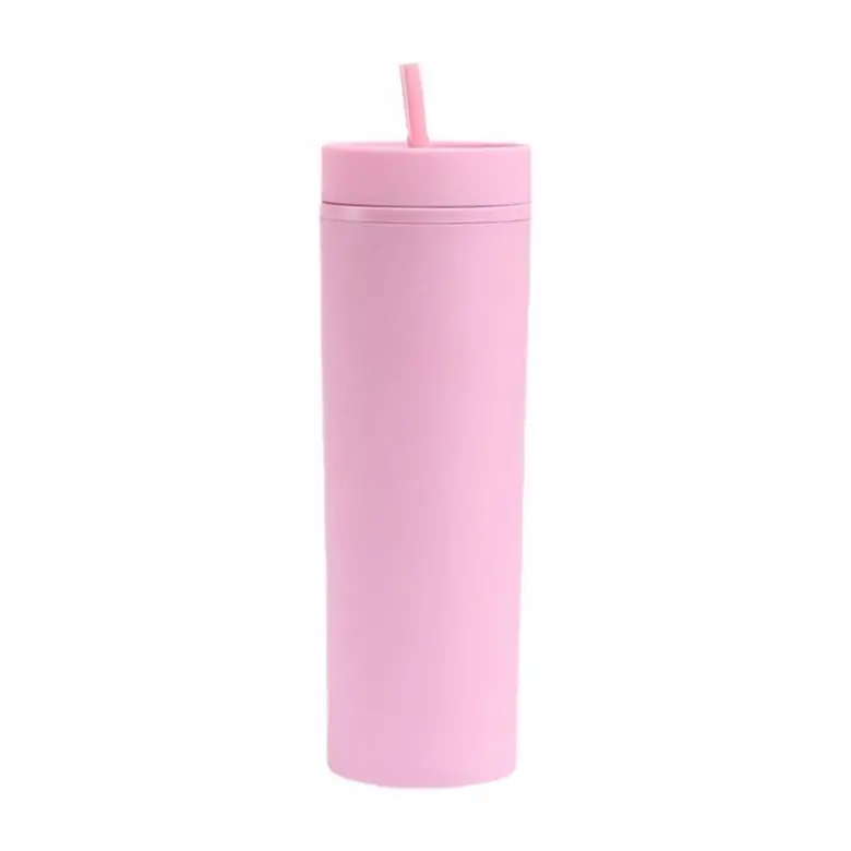 16Oz Matte  Double Wall Travel Mug Skinny Matte Black Pastel Acrylic Small Plastic Tumblers Cups With Straws