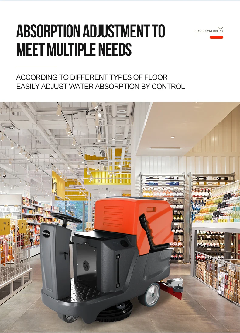 Gaoge Model A22 Factory Direct Sales Ride On Floor Scrubber Machine 780MM 24V 85L 180RPM 145BAR Floor Scrubber Drier With CE