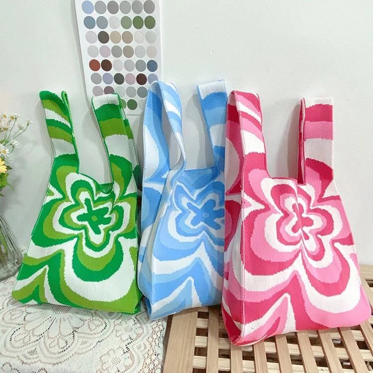 HANGAI Factory Fashion Blooming Flower Pattern Lattice Crochet Handbag Women Wool Shoulder Bag Knitted Tote Bag