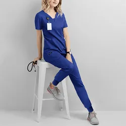 Fashion Trend Custom V Neck Women Tops Pants Hospital Uniforms Two Piece Set Unisex Big Size Nurse Doctor Scrubs Uniform Set