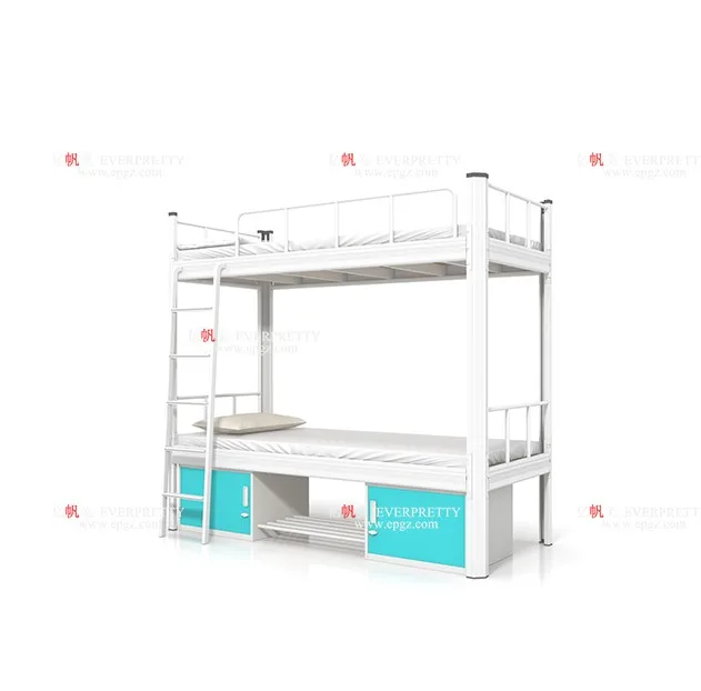 School Dormitory Furniture Metal Frame Environment Friendly Ergonomical Design Double Bunk Bed with Ladder and Small Locker