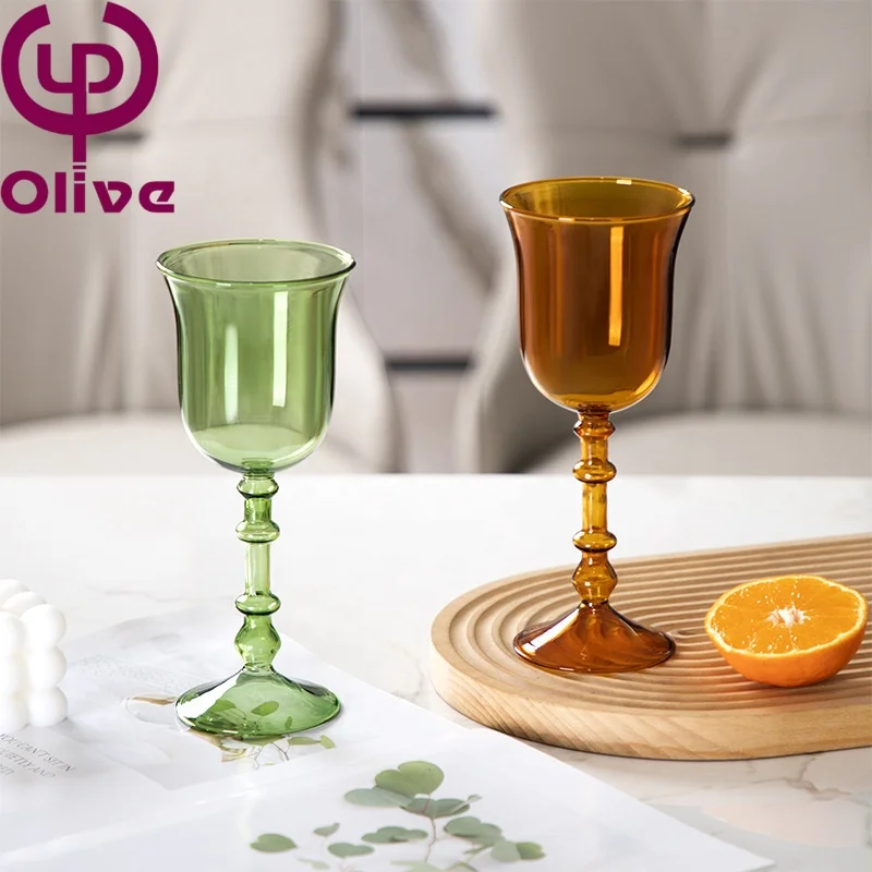 Vintage Home Decor Stained Glass Stemware Roman Column Hand Blown Red Wine Glass French High Borosilicate Colored Glass Goblets